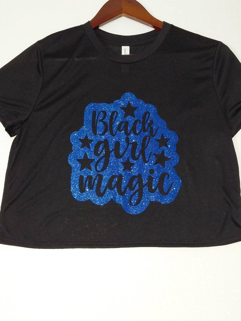 Black Girl Magic Black Crop T-Shirt with Blue Glitter Graphic